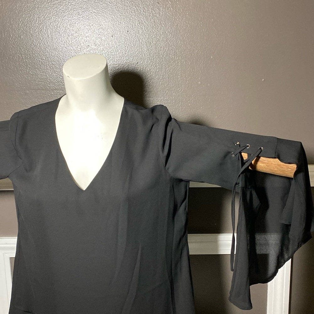 Westport V-Neck Black Sheer Blouse W/Bell Sleeve Lace Tie Design